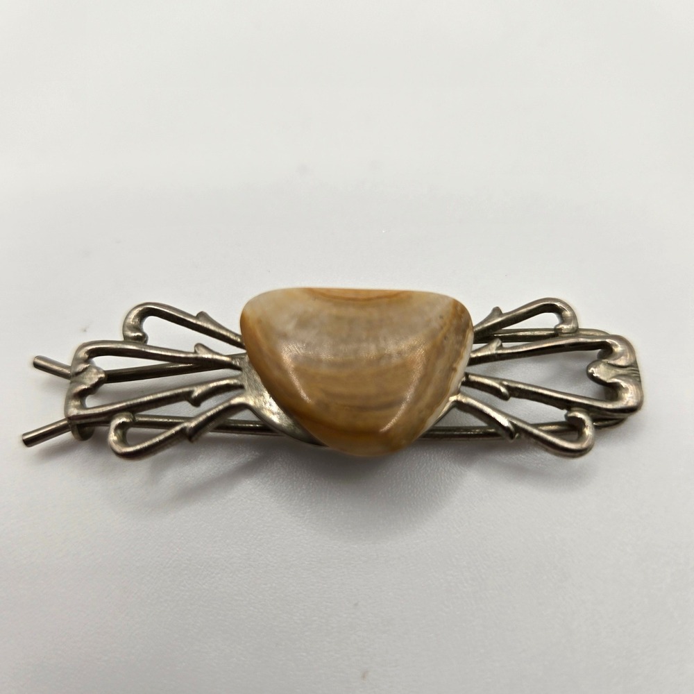 Vintage Natural Stone Hair Pin Ornate Silver Tone Openwork Filigree
